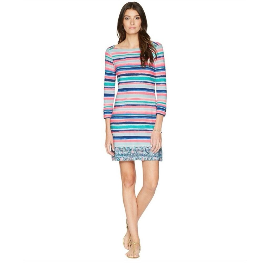 Lilly Pulitzer Sophie Shift Dress Sandy Shells 3/4 Sleeve Multi-Color Striped XS